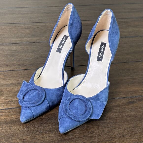 Nine West Suede Heels WNFROLLY Blue Size 7.5 Stiletto Pointed Toe Dressy Classic - Picture 1 of 10